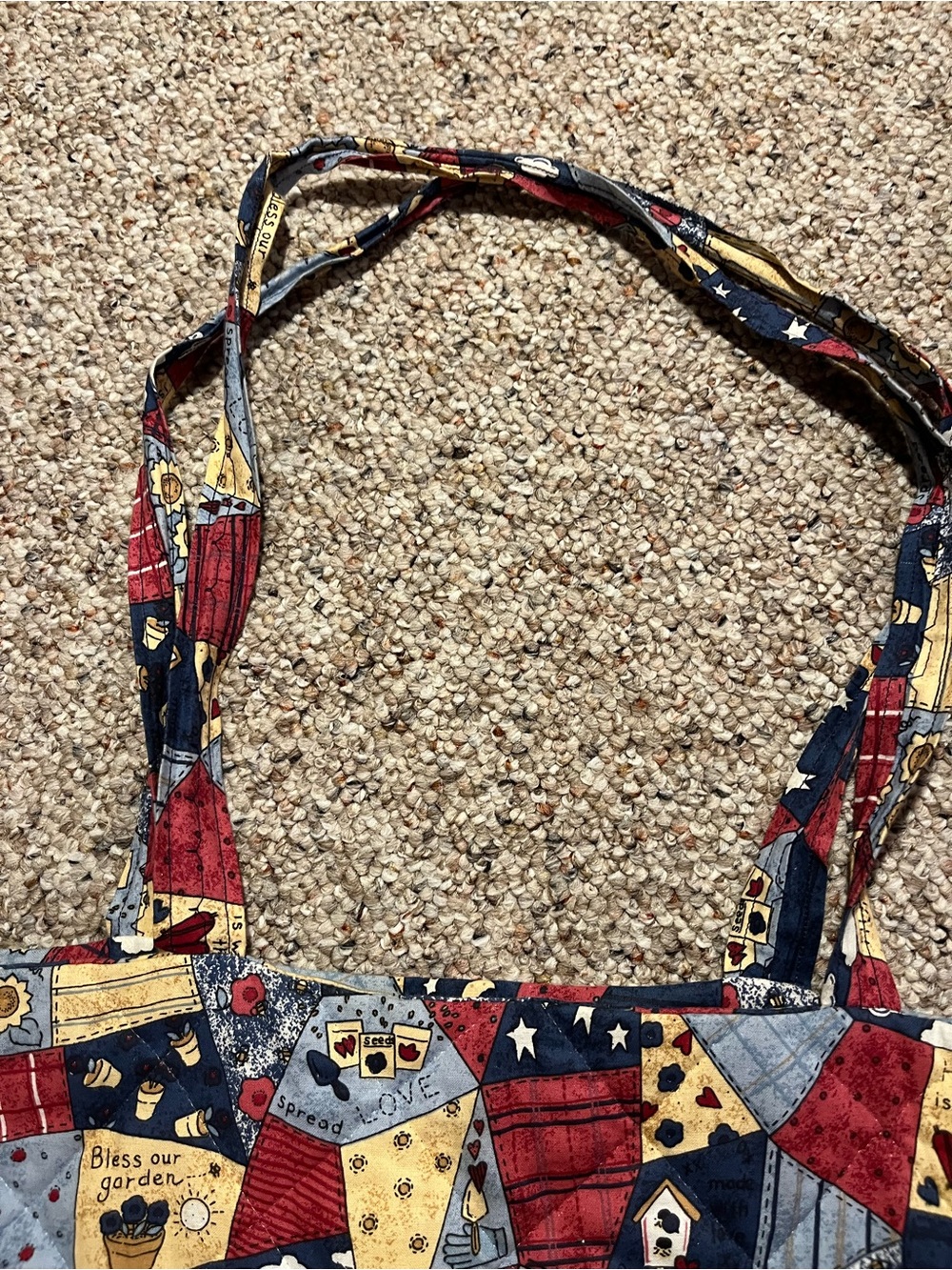 Handmade Quilted Patchwork Tote with Bag in Red, Navy & Yellow - Picture 3 of 8